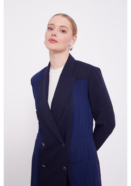 K.Lacivert Plise Şifonlu Ceket Takım indirimleri