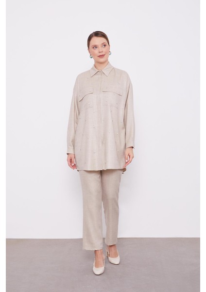 Taş Taş İşlemeli Melanj Gömlek İkili Takım