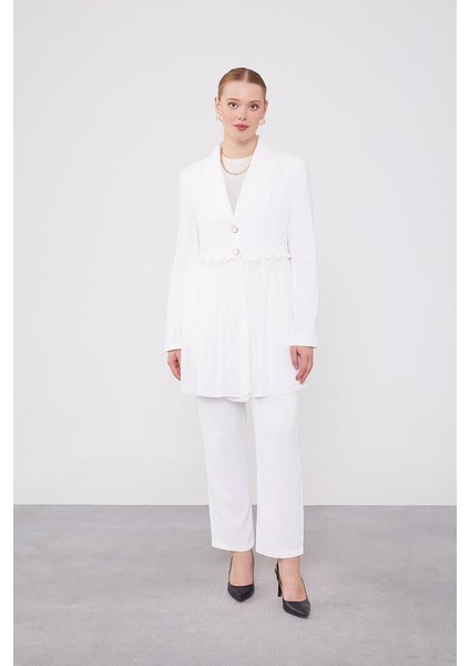 Ekru Beli Büzgülü Şifon Ceket Takım