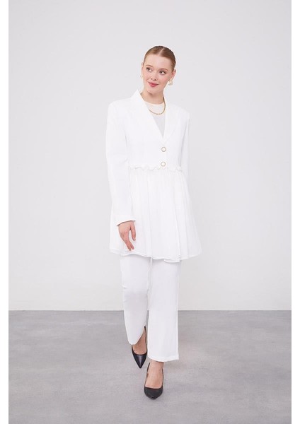 Ekru Beli Büzgülü Şifon Ceket Takım fiyatları