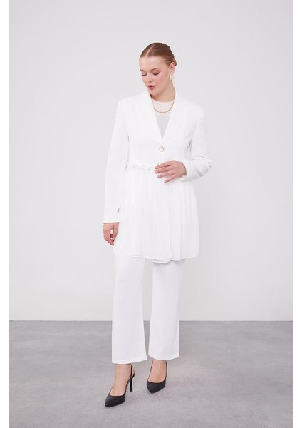 Ekru Beli Büzgülü Şifon Ceket Takım modelleri