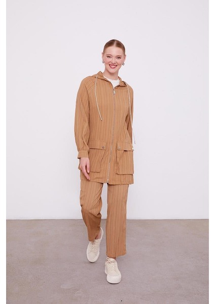 Camel Kapüşonlu Fermuarlı Pantolon Takım