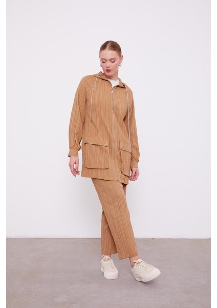 Camel Kapüşonlu Fermuarlı Pantolon Takım