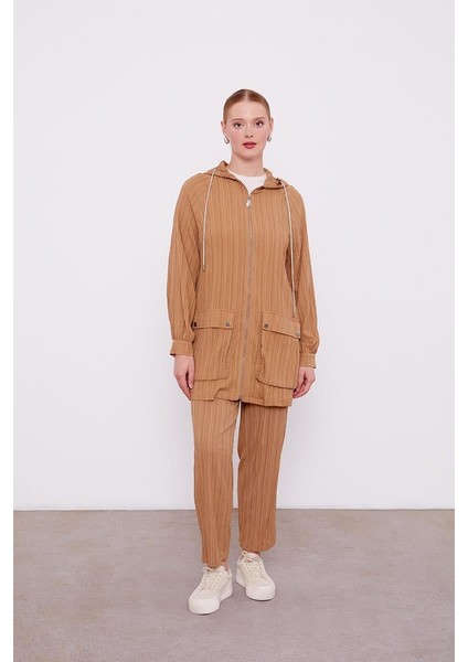 Camel Kapüşonlu Fermuarlı Pantolon Takım