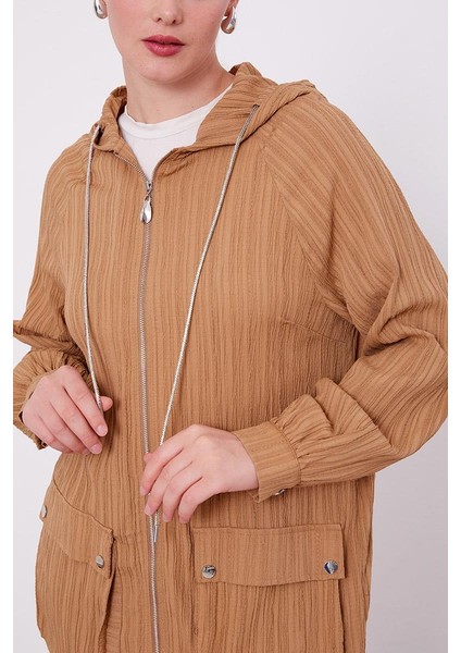Camel Kapüşonlu Fermuarlı Pantolon Takım