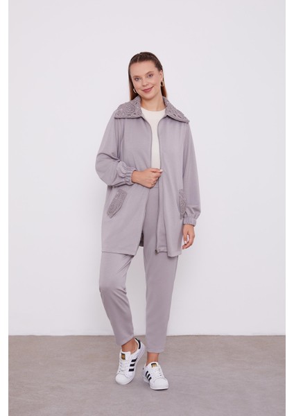 Gri Örgü Motifli Fermuar Kapamalı Spor Takım