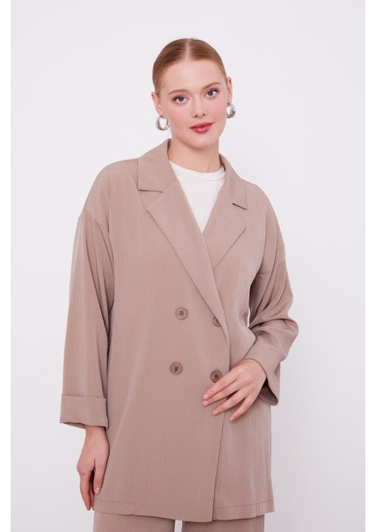 S.kahve Kendinden Desenli Blazer Ceket Takım