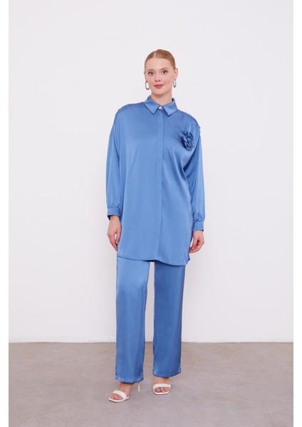 İndigo Gül Broşlu Saten İkili Takım