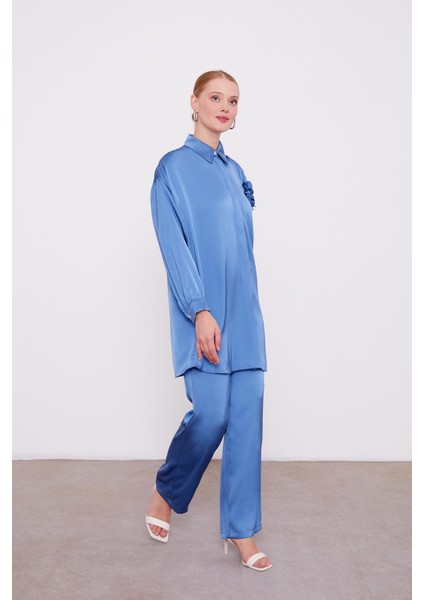 İndigo Gül Broşlu Saten İkili Takım fiyatları