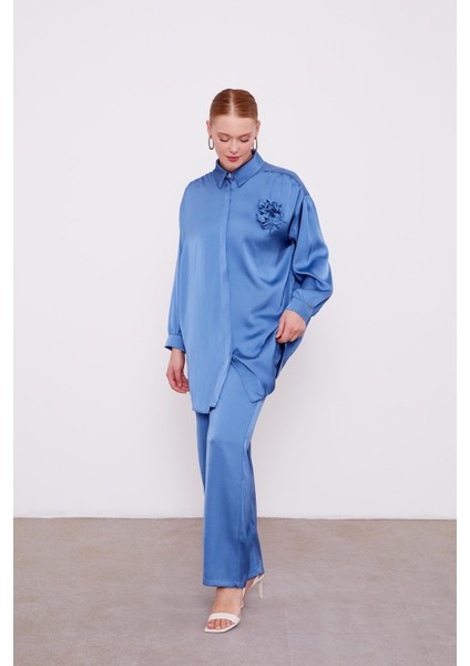 İndigo Gül Broşlu Saten İkili Takım modelleri