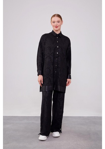 Siyah Kendinden Desenli Jakarlı Tunik Takım