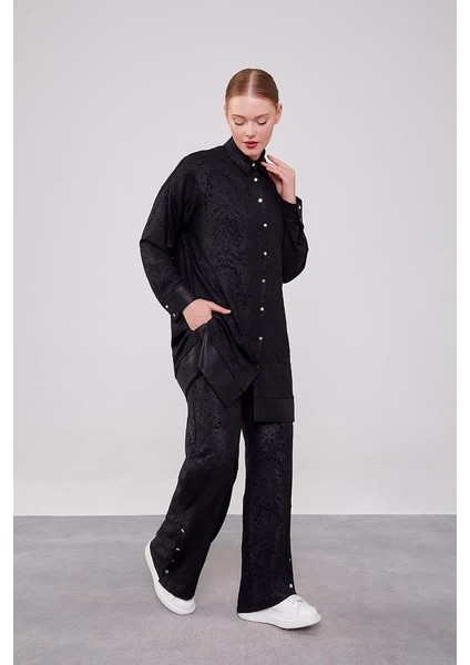 Siyah Kendinden Desenli Jakarlı Tunik Takım fiyatları
