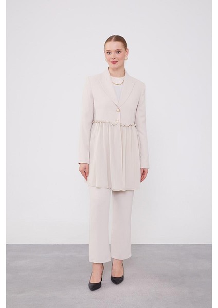 Bej Beli Büzgülü Şifon Ceket Takım