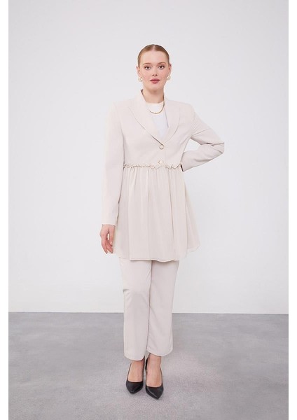 Bej Beli Büzgülü Şifon Ceket Takım modelleri