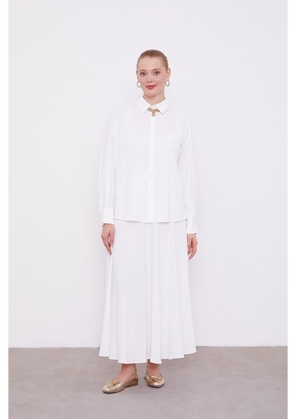 Ekru Şifon Pilise Detaylı Etekli Takım