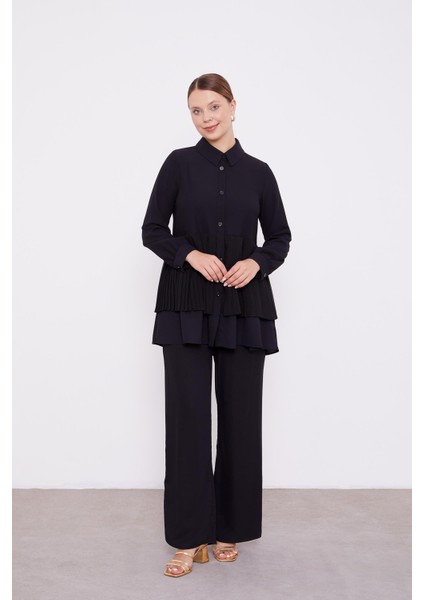 Siyah Şifon Pileli Gömlek İkili Takım