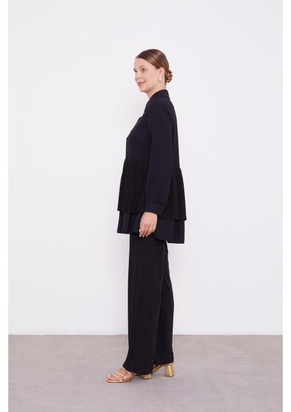 Siyah Şifon Pileli Gömlek İkili Takım modelleri