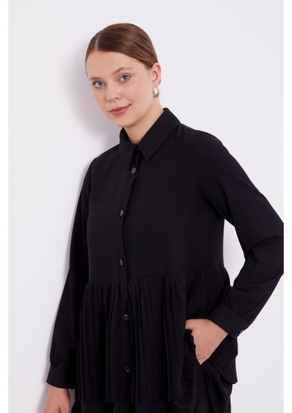Siyah Şifon Pileli Gömlek İkili Takım fırsatları