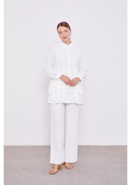 Ekru Şifon Pileli Gömlek İkili Takım