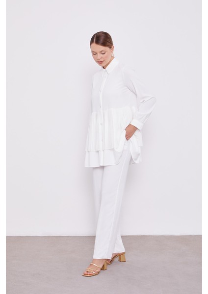 Ekru Şifon Pileli Gömlek İkili Takım fiyatları