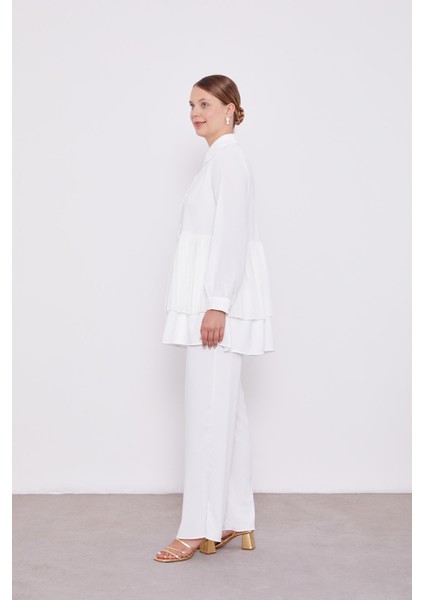 Ekru Şifon Pileli Gömlek İkili Takım modelleri