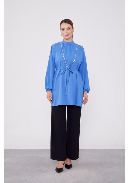 İndigo-Siyah Kolye Detaylı Şifon Tunik Takım