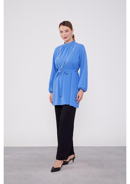 İndigo-Siyah Kolye Detaylı Şifon Tunik Takım fiyatları