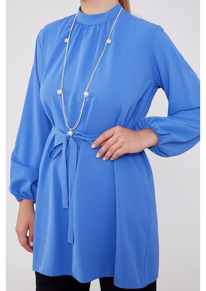 İndigo-Siyah Kolye Detaylı Şifon Tunik Takım fırsatları