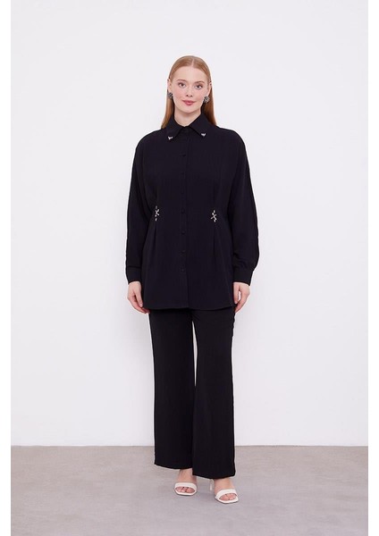 Siyah Taşlı Krepe Detaylı Tunik Takım