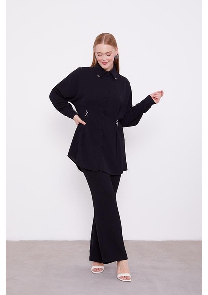 Siyah Taşlı Krepe Detaylı Tunik Takım fiyatları