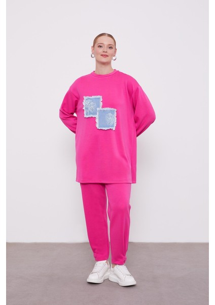 Fuşya Kot Detaylı Spor Takım