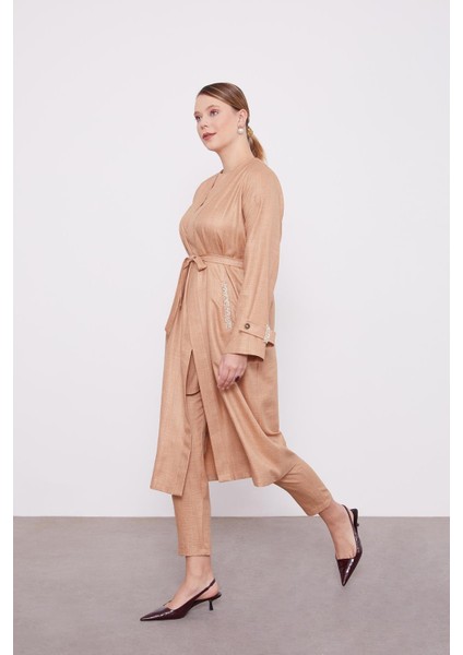 Camel Işlemeli Melanj Kimono Üçlü Takım fiyatları