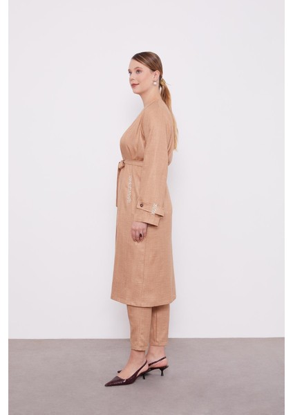 Camel Işlemeli Melanj Kimono Üçlü Takım fırsatları