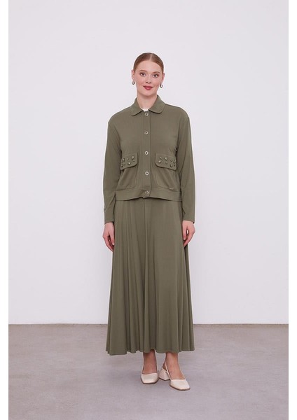 Haki Taş İşleme Kısa Ceketli Etekli Takım