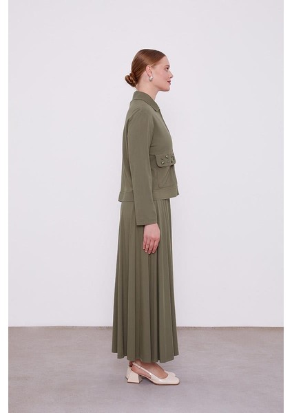 Haki Taş İşleme Kısa Ceketli Etekli Takım modelleri