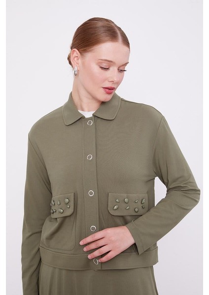 Haki Taş İşleme Kısa Ceketli Etekli Takım fırsatları