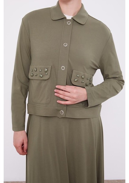 Haki Taş İşleme Kısa Ceketli Etekli Takım indirimleri