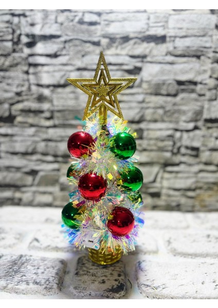2 Adet Süslü Noel Yılbaşı Ağacı Tepe Yıldızlı 11 Toplu Pilli Rgb Işıklı Masaüstü 30CM 2 Hazır Ağaç