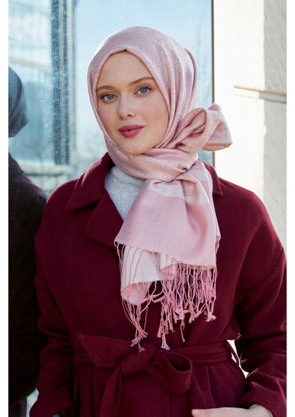 Pembe Püsküllü Etnik Kaşmir İpek Şal