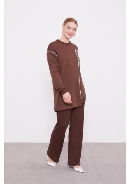 Kahve Şerit İncili Kaşmir İkili Takım