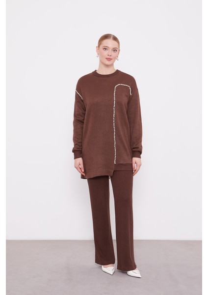 Kahve Şerit İncili Kaşmir İkili Takım fiyatları