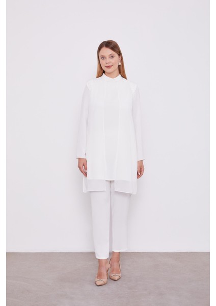 Ekru Şifon Omuzları İşlemeli İkili Takım