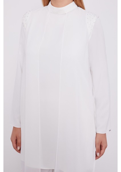 Ekru Şifon Omuzları İşlemeli İkili Takım modelleri