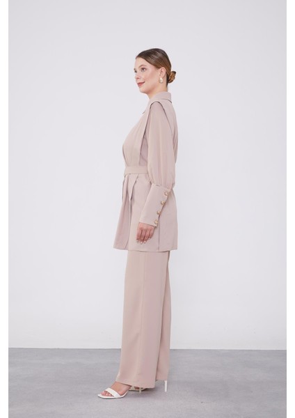 K.Bej Kemer Detaylı Şifon İkili Takım modelleri