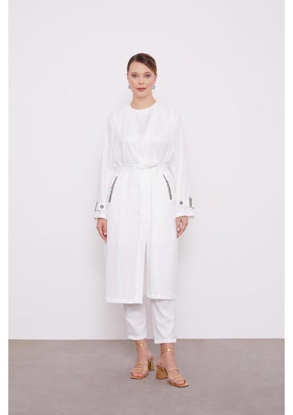 Ekru İşlemeli Melanj Kimono Üçlü Takım