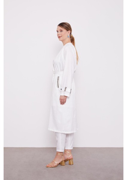 Ekru İşlemeli Melanj Kimono Üçlü Takım fırsatları