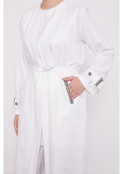 Ekru İşlemeli Melanj Kimono Üçlü Takım indirimleri