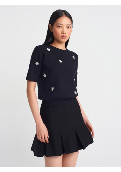 10683 Bisiklet Yaka El Işi Taş Inci Nakışlı Triko Kazak-Siyah fırsatları