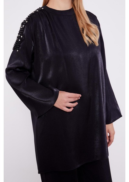 Siyah Omuz İşlemeli Saten İkili Takım indirimleri