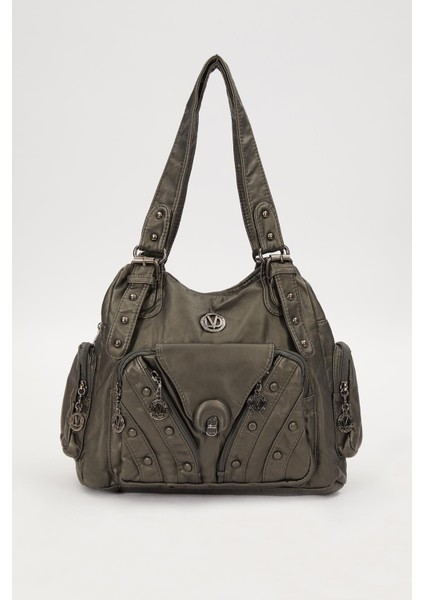 Gri Metal Zımba Detay Omuz Çantası